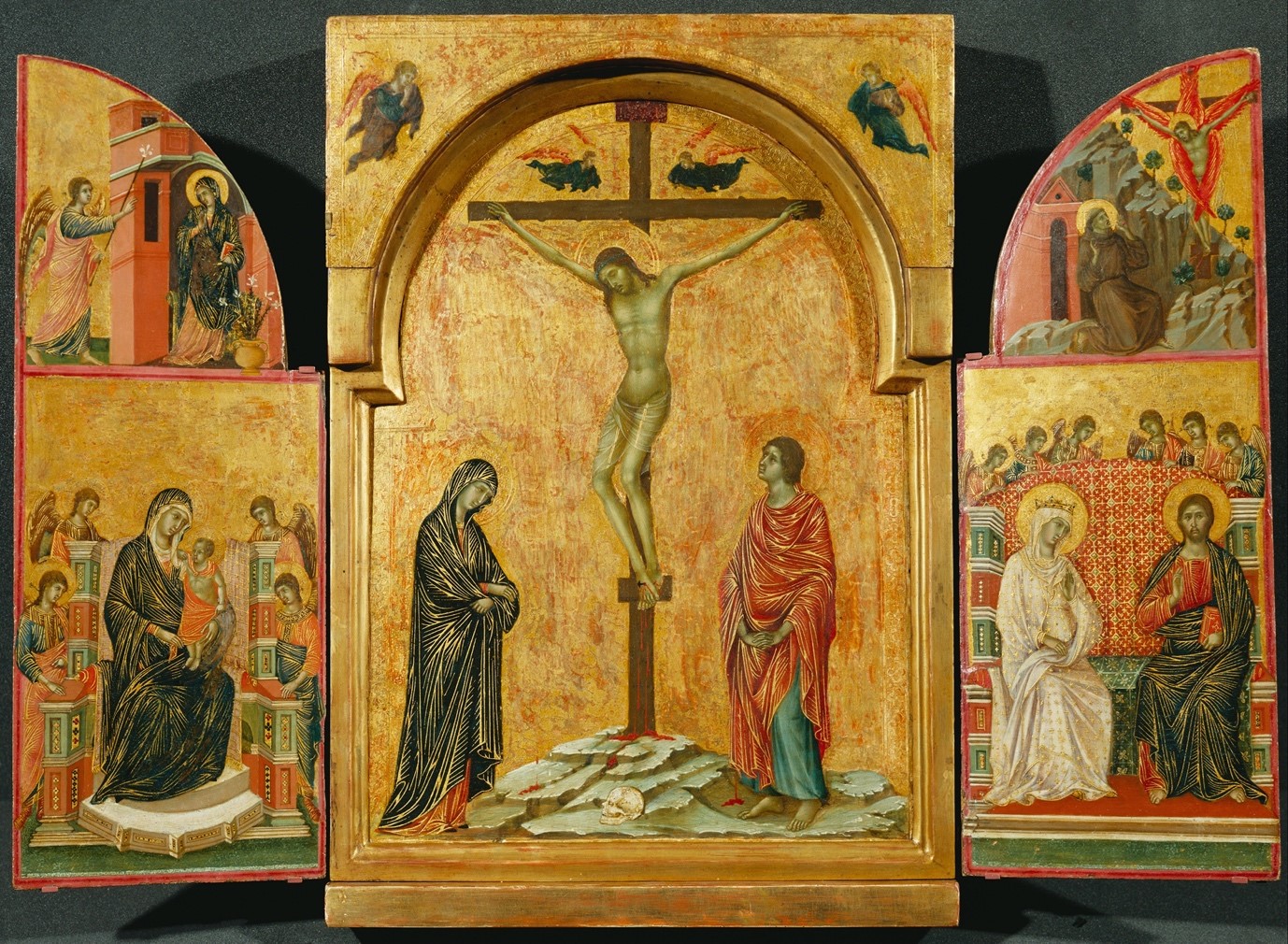 Duccio di Buoninsegna, Crucifixion Triptych, c. 1302-08, tempera and gold on panel, Hampton Court Palace, London.