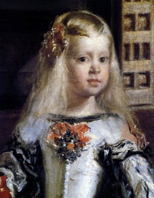 Up close details of Infanta Margarita of Spain, as she appears in Diego Velázquez’s painting Las Meninas.
