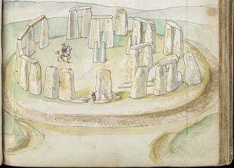 The earliest-known realistic painting of Stonehenge, drawn on site with watercolors by Lucas de Heere between 1573 and 1575.