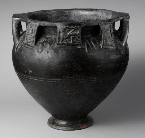 Etruscan Terracotta column-krater (bowl for mixing wine and water), 560-500 B.C.E. Terracotta and bucchero pesante. Metropolitan, Museum of Art, New York.