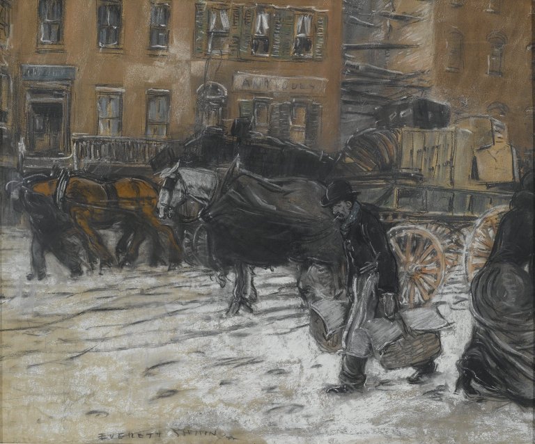 Everett Shinn, Winter on 21st Street, New York, c.1889, pastel on gray paper mounted on pulpboard, 51.8 x 61.9 cm, Brooklyn Museum, New York