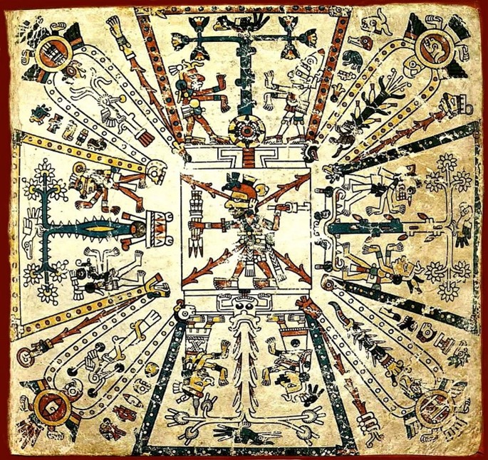 Primera página del Codex precolombino Fejérváry-Mayer, World Museum Liverpool en Liverpool, Inglaterra.