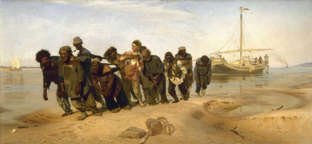 Ilya Repin, Barge Haulers on the Volga, 1870–1873, óleo sobre lienzo, 131,5 × 281 cm, Museo Estatal Ruso, San Petersburgo