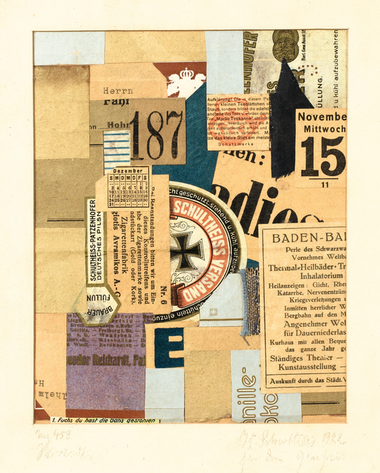 Kurt Schwitters, MERZ 458 WRIEDT, 1922, collage on paper mounted on card, 14.3 cm x 21 cm, Private collection 
