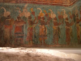 Mural depicting musicians on the east wall of Room 1. (580- 800 CE) Bonampak, in Chiapas, Mexico.