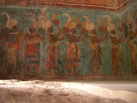 Mural depicting musicians on the east wall of Room 1. (580- 800 CE) Bonampak, in Chiapas, Mexico.