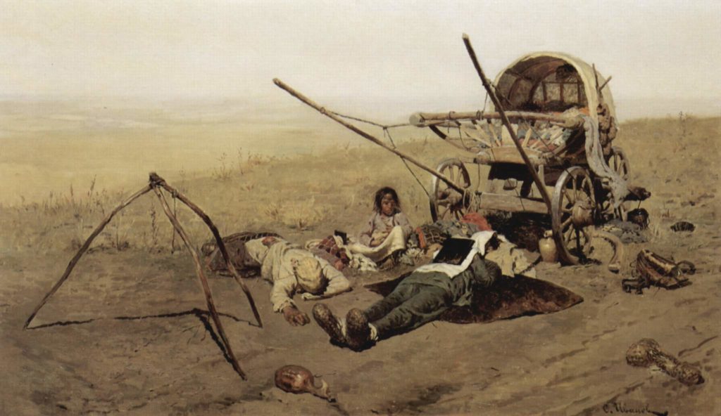 Serguéi Ivanov, En el camino. Muerte de un emigrante, 1889, óleo sobre lienzo, 71 x 122 cm, Galería Tretiakov, Moscú