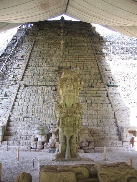Stela M and Hieroglyphic Stairway. (300-900 CE). Copán, western Honduras.
