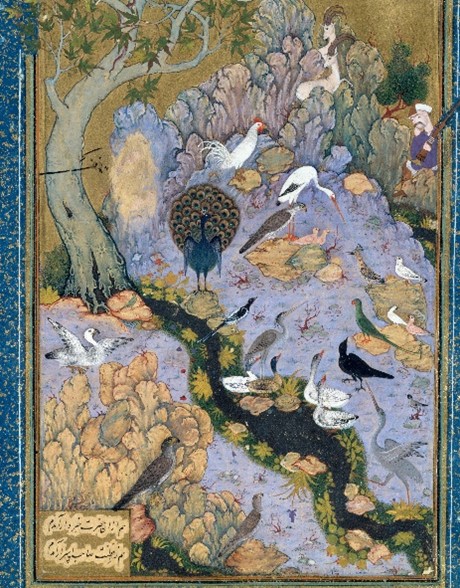 El concurso de los pájaros, en el folio El lenguaje de los pájaros. 1600. Habibalá de Sava. Museo Metropolitano, Nueva York.