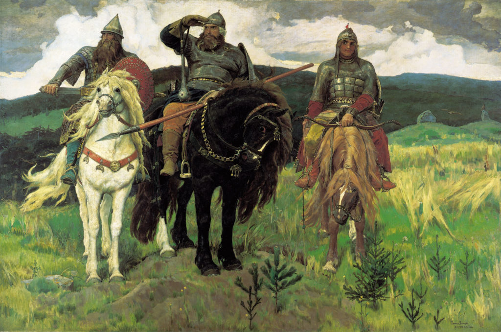 Viktor Vasnetsov, Bogatyris, 1881 - 1898, óleo sobre lienzo, 295,3 x 446 cm, Galería Tretyakov, Moscú