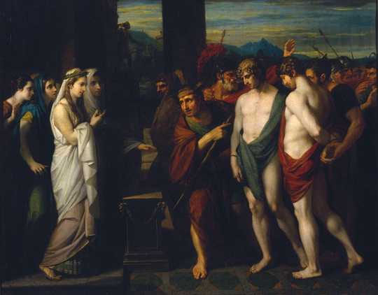 Benjamin West, Pylades und Orestes werden als Opfer vor Iphigenie gebracht, 1766, Tate, London. https://www.tate.org.uk/art/artworks/west-pylades-and-orestes-brought-as-victims-before-iphigenia-n00126
