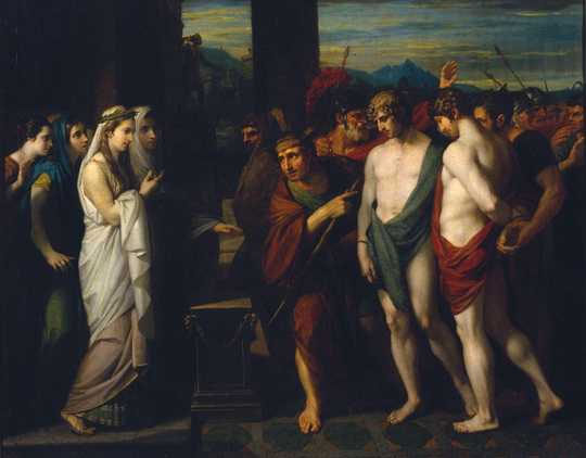 Benjamin West, Pylades et Oreste amenés comme victimes devant Iphigénie, 1766, Tate, Londres. https://www.tate.org.uk/art/artworks/west-pylades-and-orestes-brought-as-victims-before-iphigenia-n00126