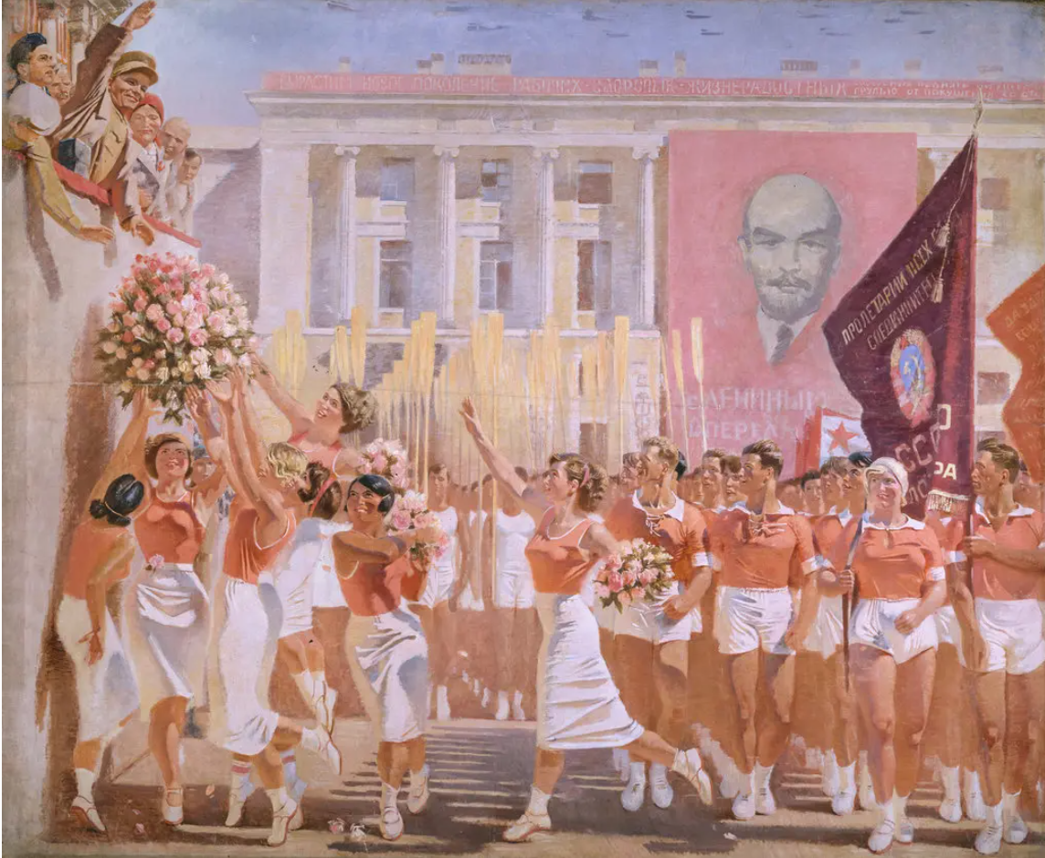 Alexander Samokhvalov, Sergei Kirov Reviews the Athletic Parade, 1935, huile sur toile, 305 x 372 cm, Musée d’État russe, Saint-Pétersbourg