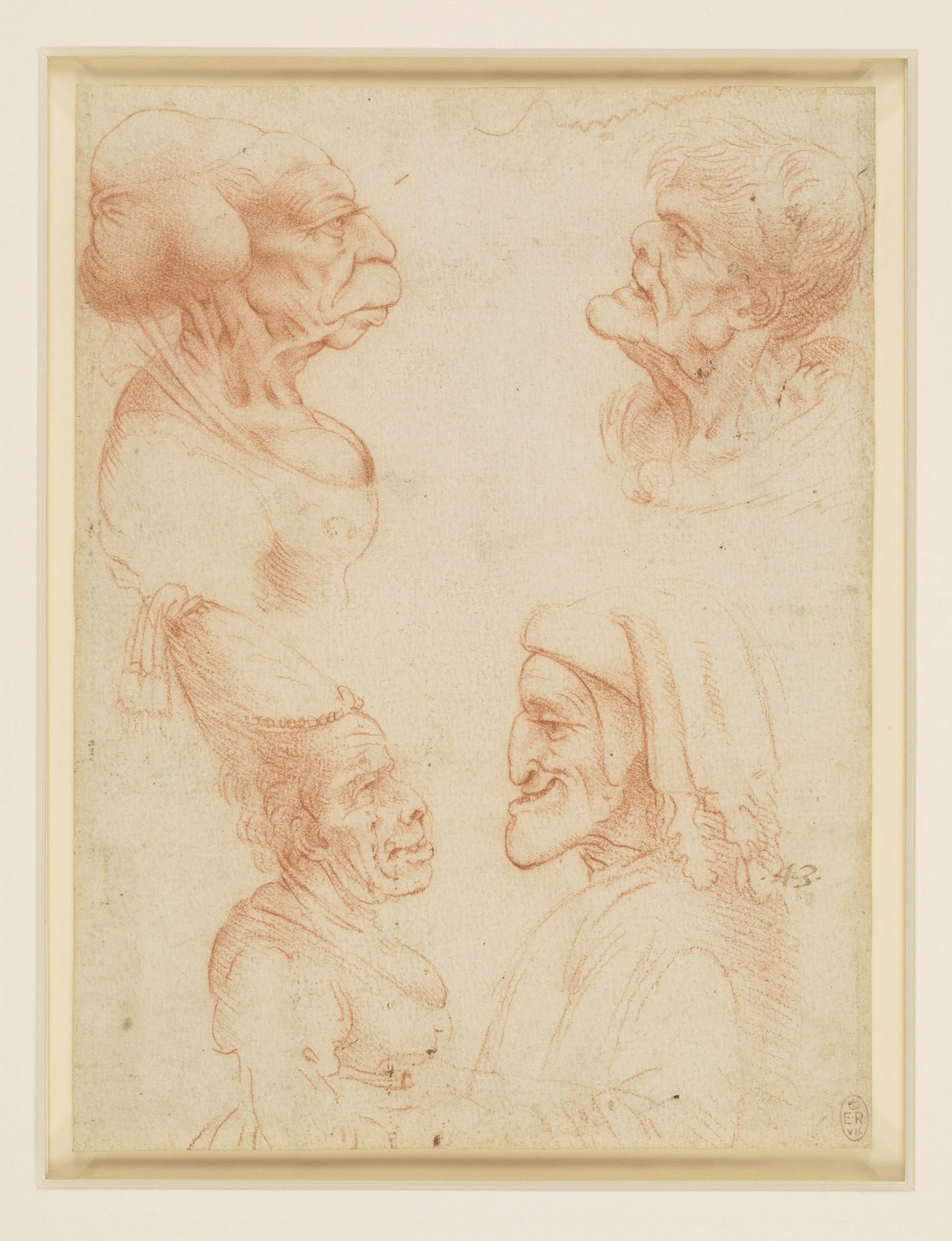 Francesco Melzi after Leonardo da Vinci, Four grotesque heads, including a caricature of Dante, c.1517-20, red chalk, 19.5 x 14.6 cm, The Royal Collection Trust, London