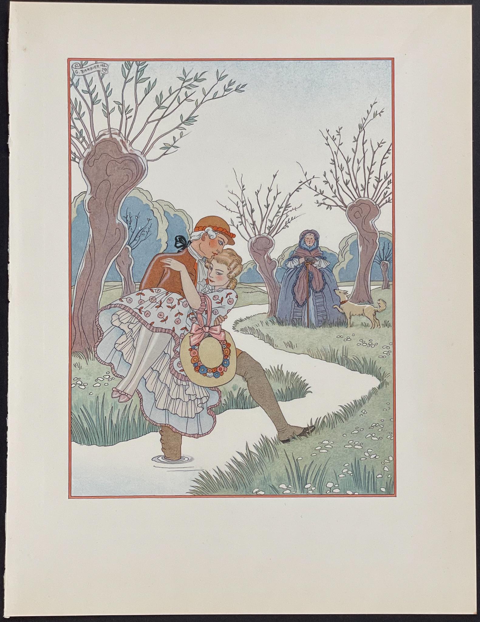 "Man Lifting Woman over Creek, Woman with Dog" by Georges Barbier