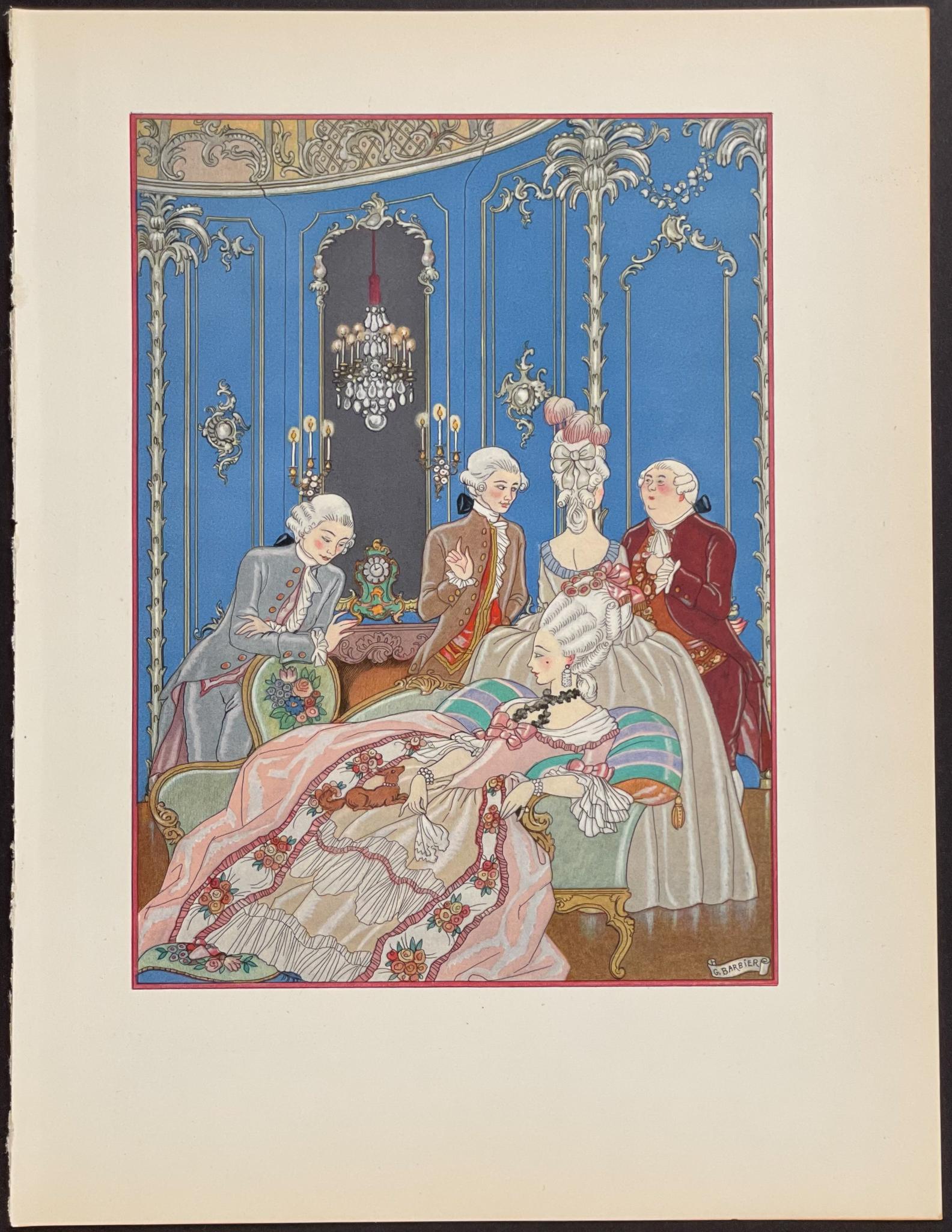 « Femme en chaise longue avec des invités conversant » par Georges Barbier