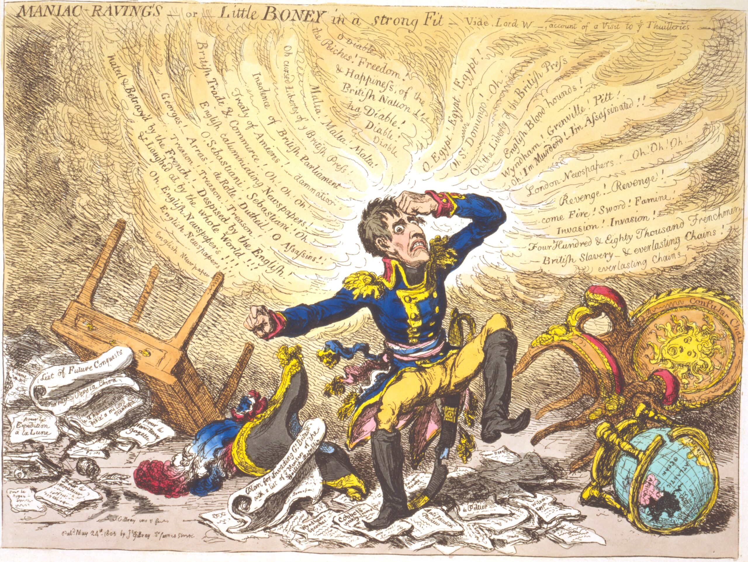 James Gillray, Maniac-raving's or Little Boney in a strong fit, 1803, etching, hand-colored