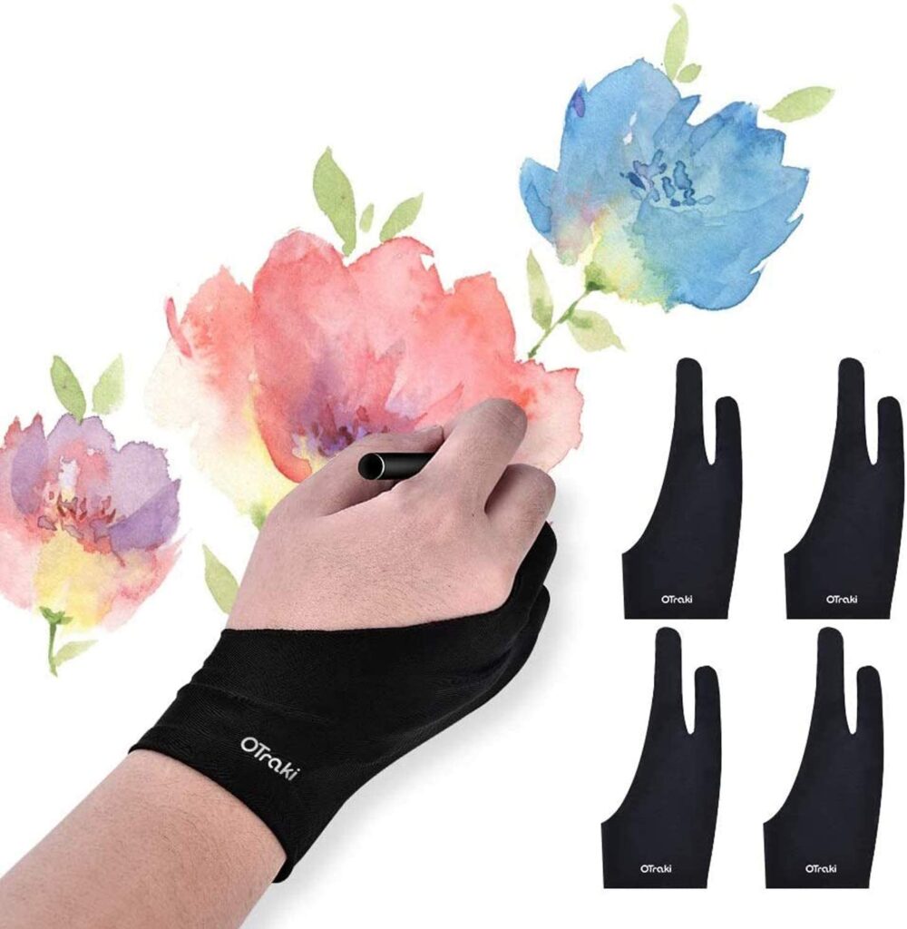 OTraki 4 Pack Artist Gloves Anti Smudge Two Fingers Drawing Gloves for Paper Sketching, Pad Monitor, Graphics Tablet