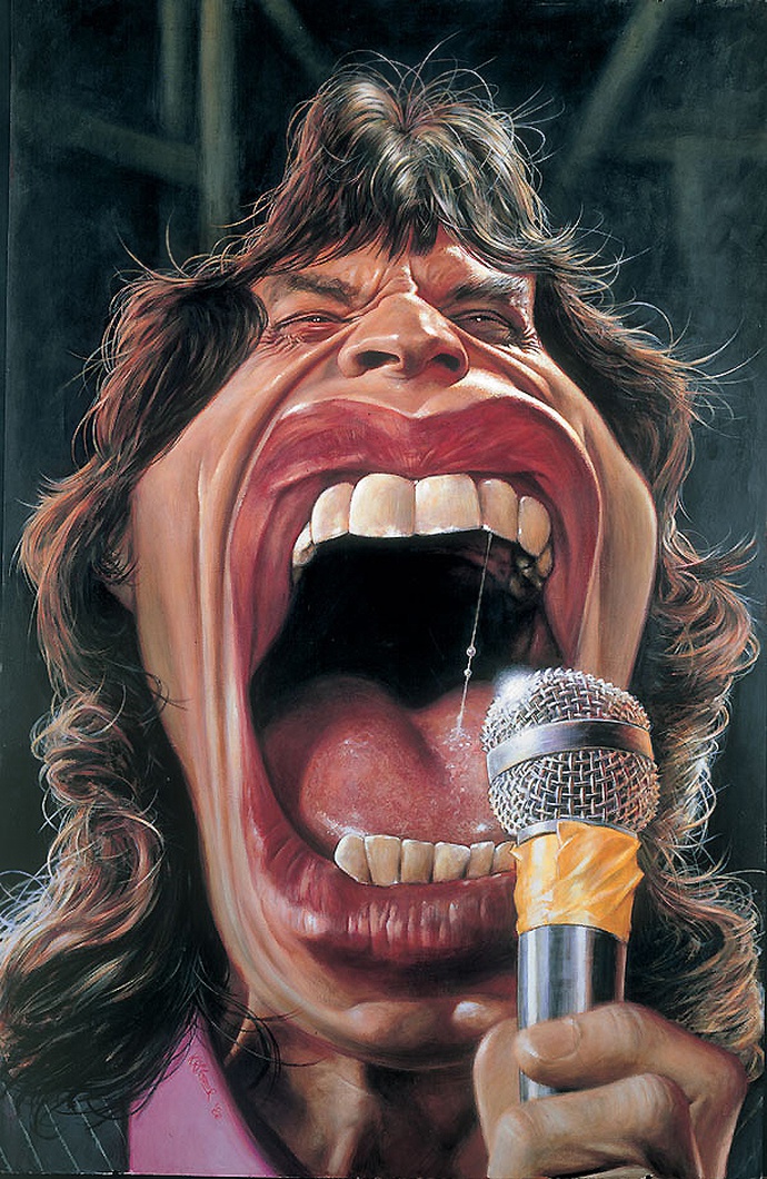 Sebastian Krüger, Mick Jagger with microphone, acrylic on board, 100 x 70 cm, 1988