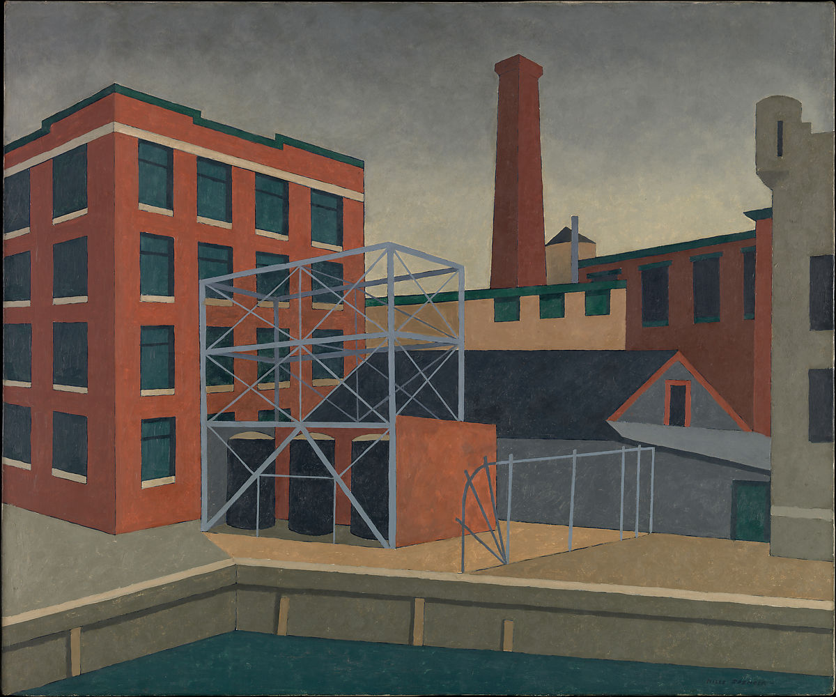 Niles Spencer, Waterfront Mill, 1940, óleo sobre lienzo, 76,2 × 91,4 cm, The Metropolitan Museum of Art, Nueva York