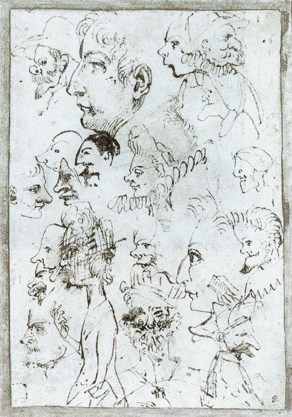 Annibale Carracci, A series of caricature heads in profile, 1575-1609, pen and gray-brown ink, 19.4 x 13.5 cm, British Museum, London