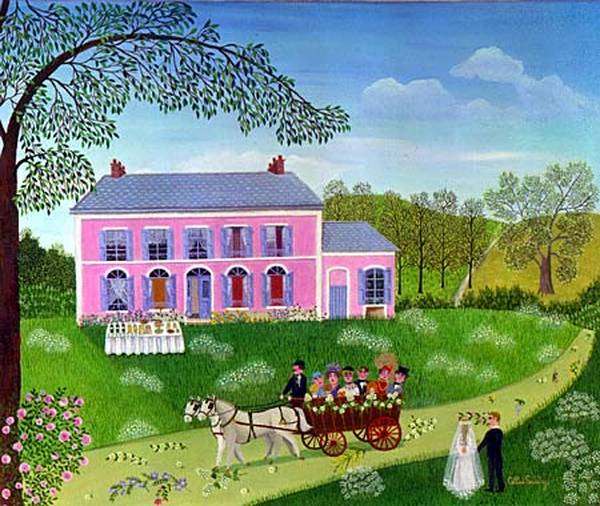 « Charrette et maison rose » par Cellia Saubry
