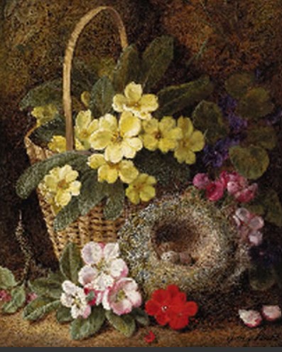 « NATURE MORTE AVEC DES PRIMEVÈRES, DES ALTOS, DES FLEURS DE CERISIER ET DES GÉRANIUMS ET UN NID DE MUGUET » par George Clare