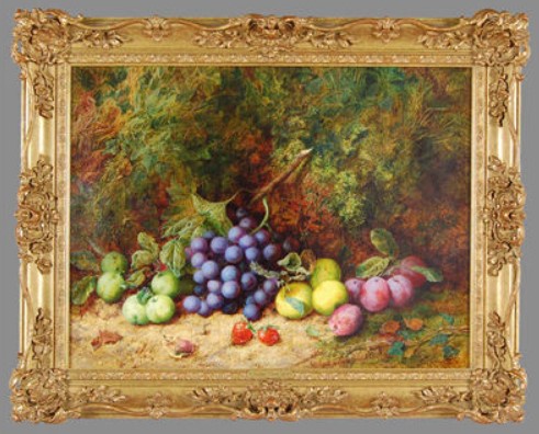 "STILL LIFE FEATURING PLUMS, APPLES, PEARS, GRAPES AND STRAWBERRIES" by George Clare