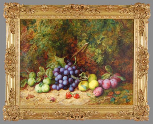 « NATURE MORTE METTANT EN VEDETTE DES PRUNES, DES POMMES, DES POIRES, DES RAISINS ET DES FRAISES » par George Clare