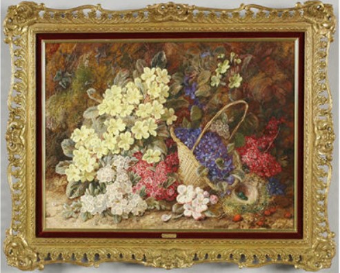 « NATURE MORTE REPRÉSENTANT DES FLEURS, UN PANIER ET UN NID » par George Clare