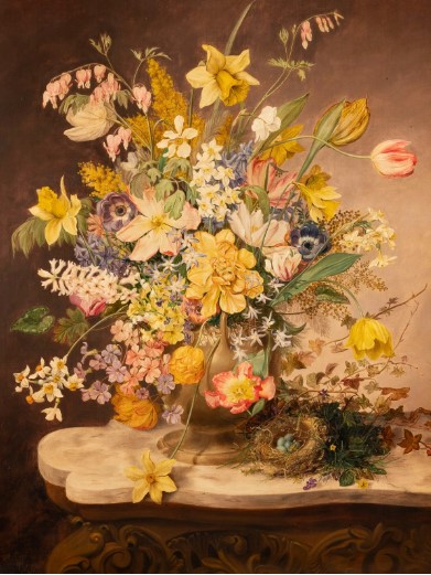 « STILLLEBEN MIT BLUMENSTRAUSS UND VOGELNEST » par George Clare