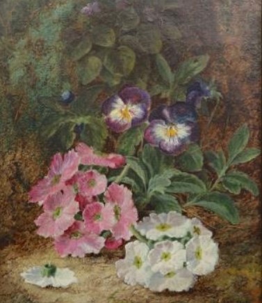 "Still lifes of spring flowers and grapes, greengages and raspberries (pair)" by Oliver Clare