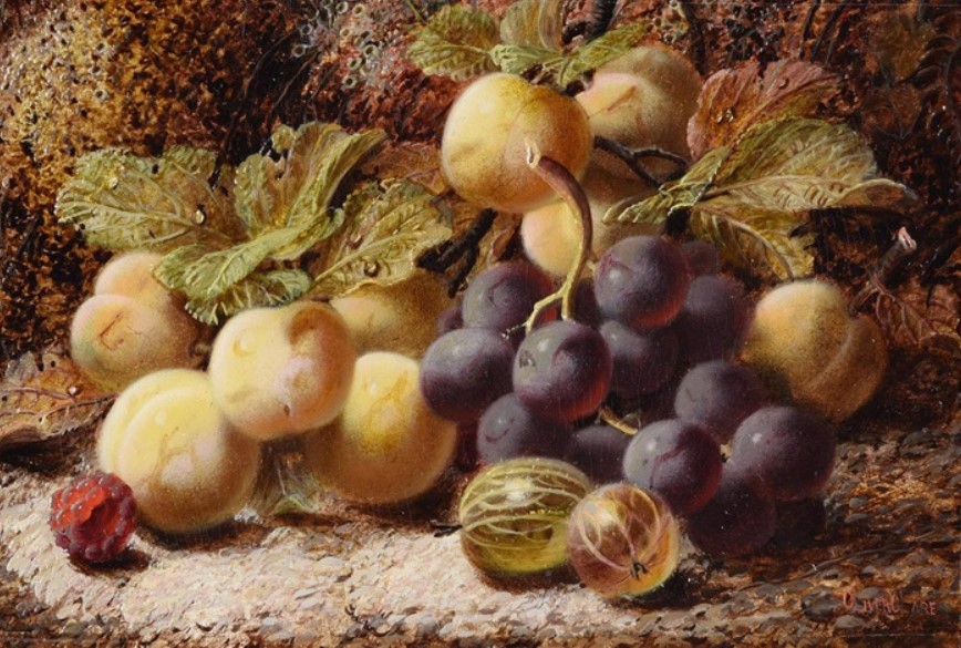 « Nature morte avec des raisins et des groseilles à maquereau » par Oliver Clare