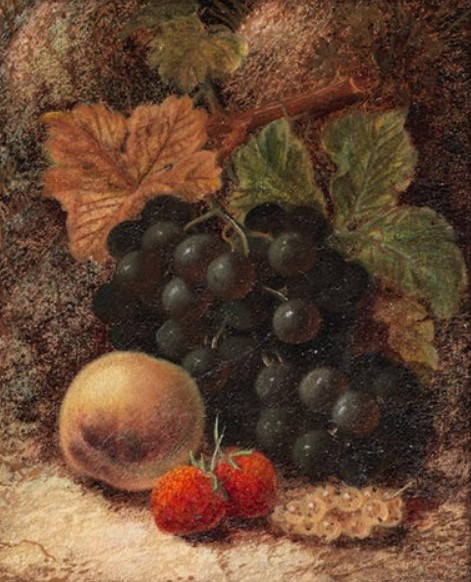 "Still life of flowers and a bird's nest; Still life of fruit" by Oliver Clare
