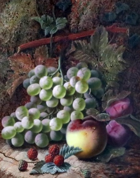 "Still lifes of grapes, plums, peaches, strawberries and raspberries" by Oliver Clare