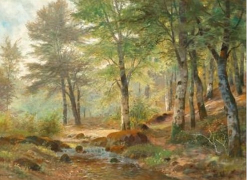 "Herbstliche Waldlichtung mit Bach" by Alois Arnegger
