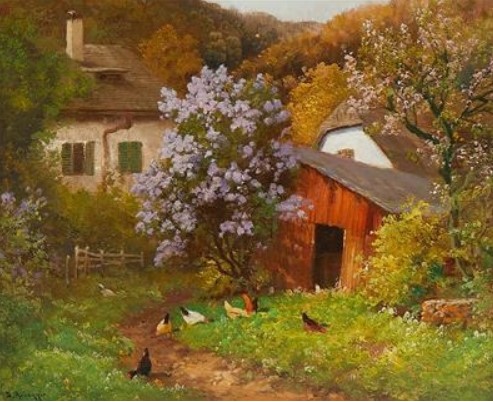 « Blühender Flieder im Hof mit Hühnern » par Alois Arnegger