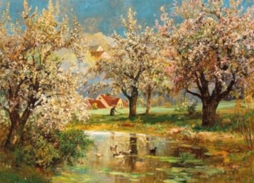 "A Springtime Landscape with Ducks at the Pond" by Alois Arnegger