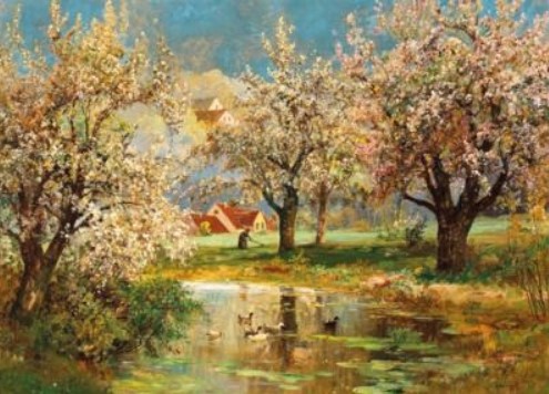 « Un paysage printanier avec des canards à l’étang » par Alois Arnegger