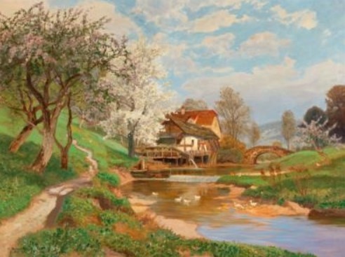 "A Springtime Landscape with Ducks and Blossoming Trees" by Alois Arnegger