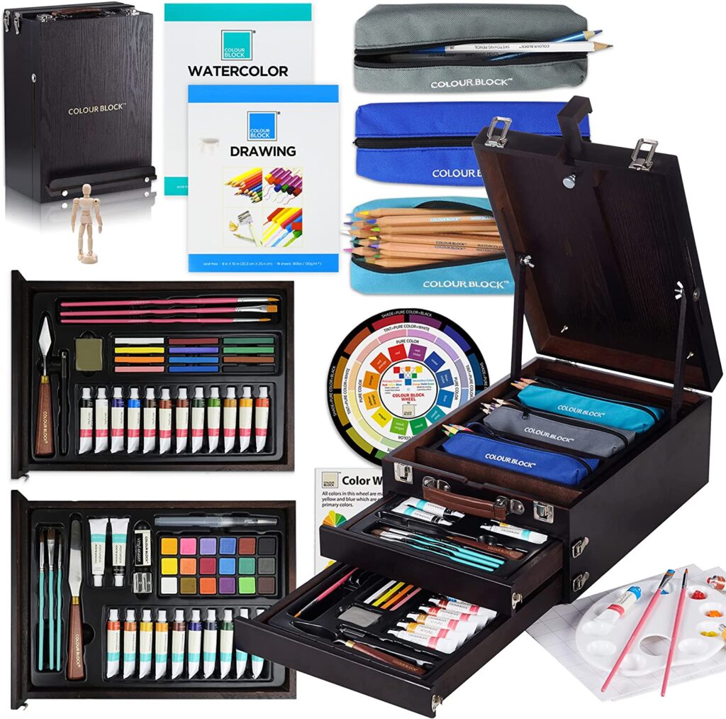 COLOUR BLOCK 152 pc Wooden Easel Painting & Drawing Mixed Media Art Set
