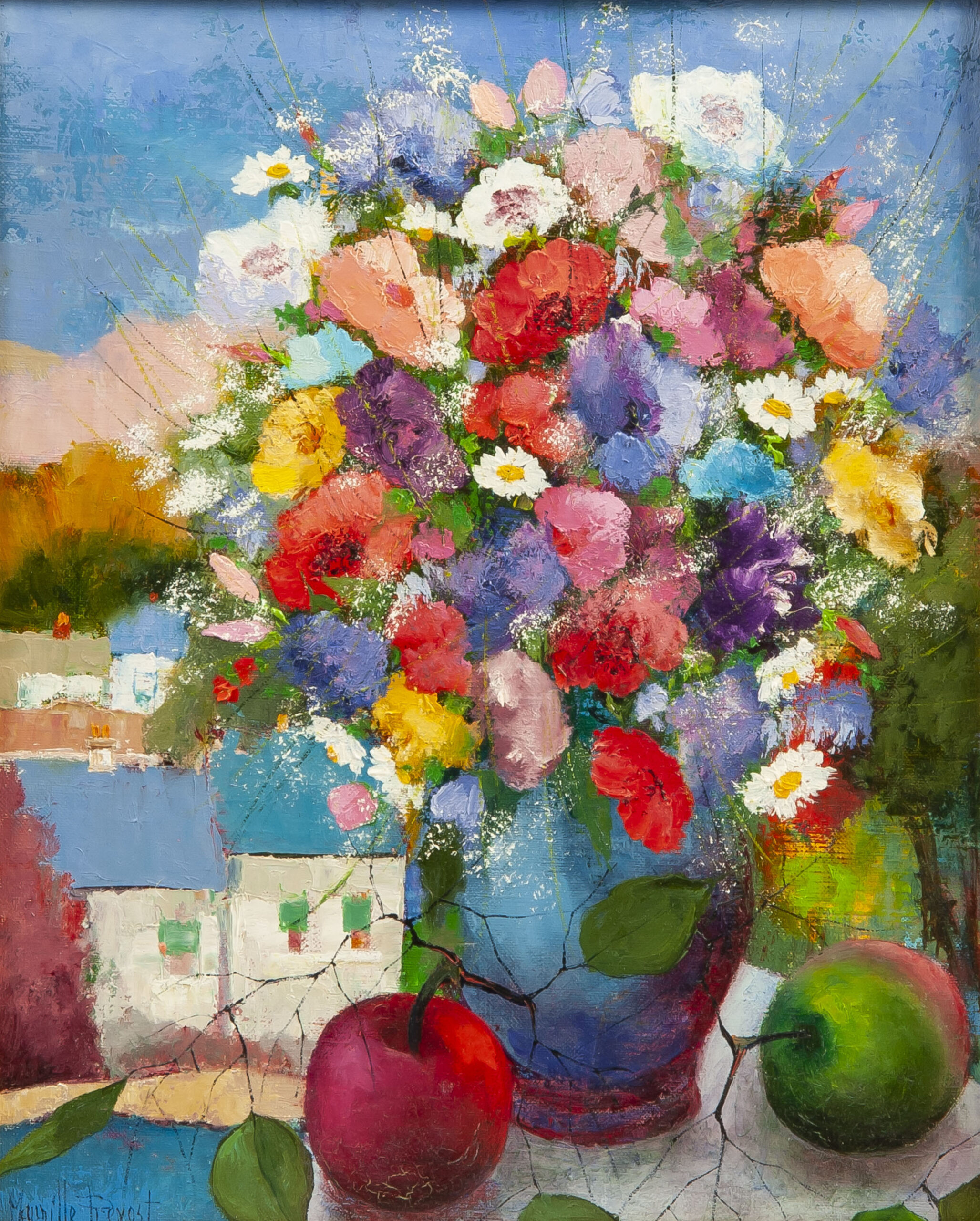 "Still life of flowers and fruit" by Maurille Prevost
