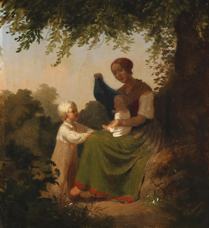 "Forest view with a peasant woman and her children" by Vilhelm Pedersen