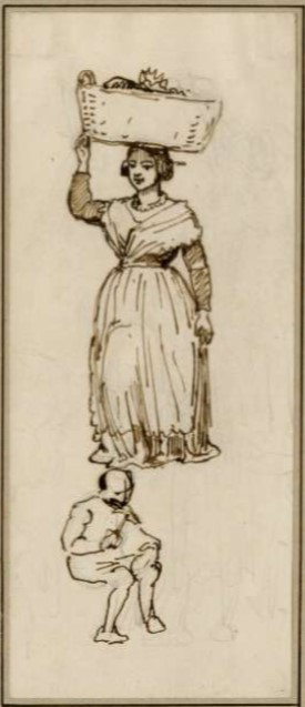 « Figure d’une femme portant un grand panier sur la tête, avec croquis d’un garçon assis » par Vilhelm Pedersen