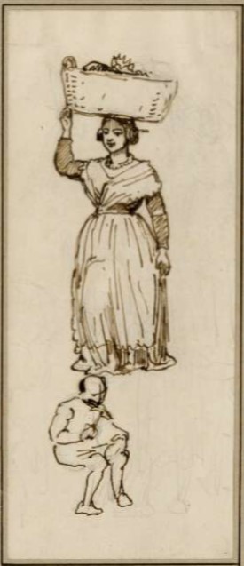 "Figure of a woman carrying a large basket on her head, with sketch of a seated boy" by Vilhelm Pedersen