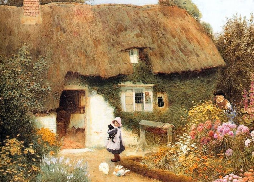 "Girl and Kitten before Cottage" by Arthur Claude Strachan