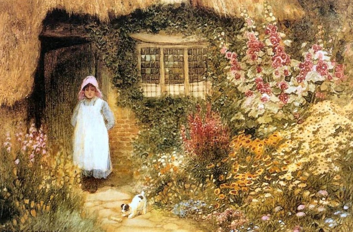 "Girl with Dog Outside Cottage" by Arthur Claude Strachan