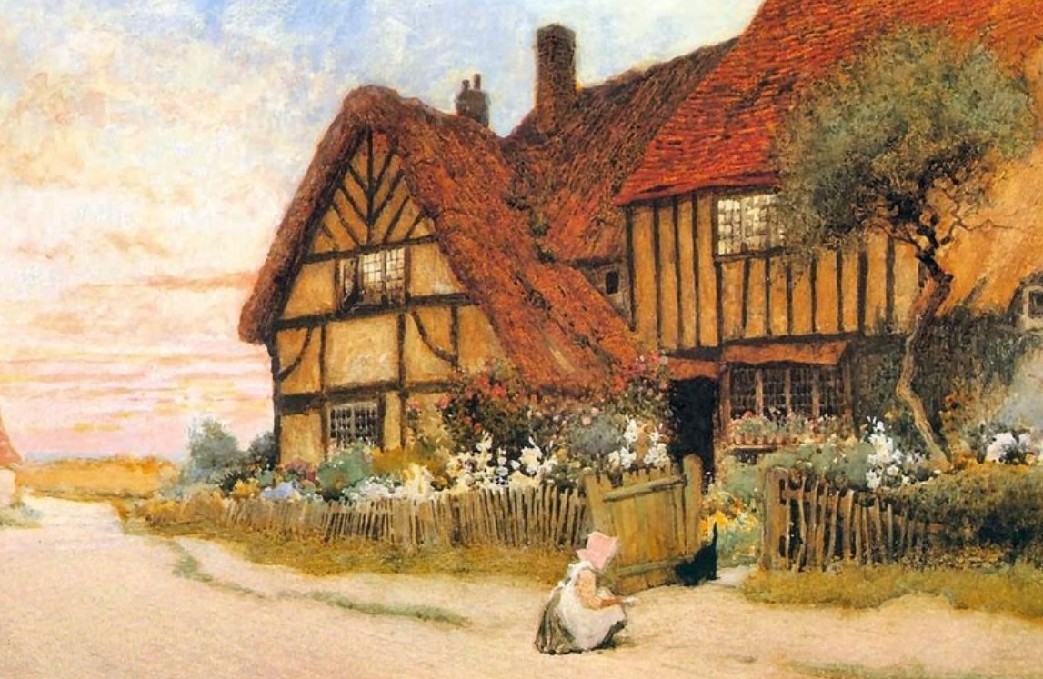"Girl with Kitten Outside a House" by Arthur Claude Strachan