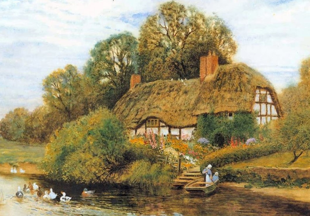 "Large Cottage by a River" by Arthur Claude Strachan