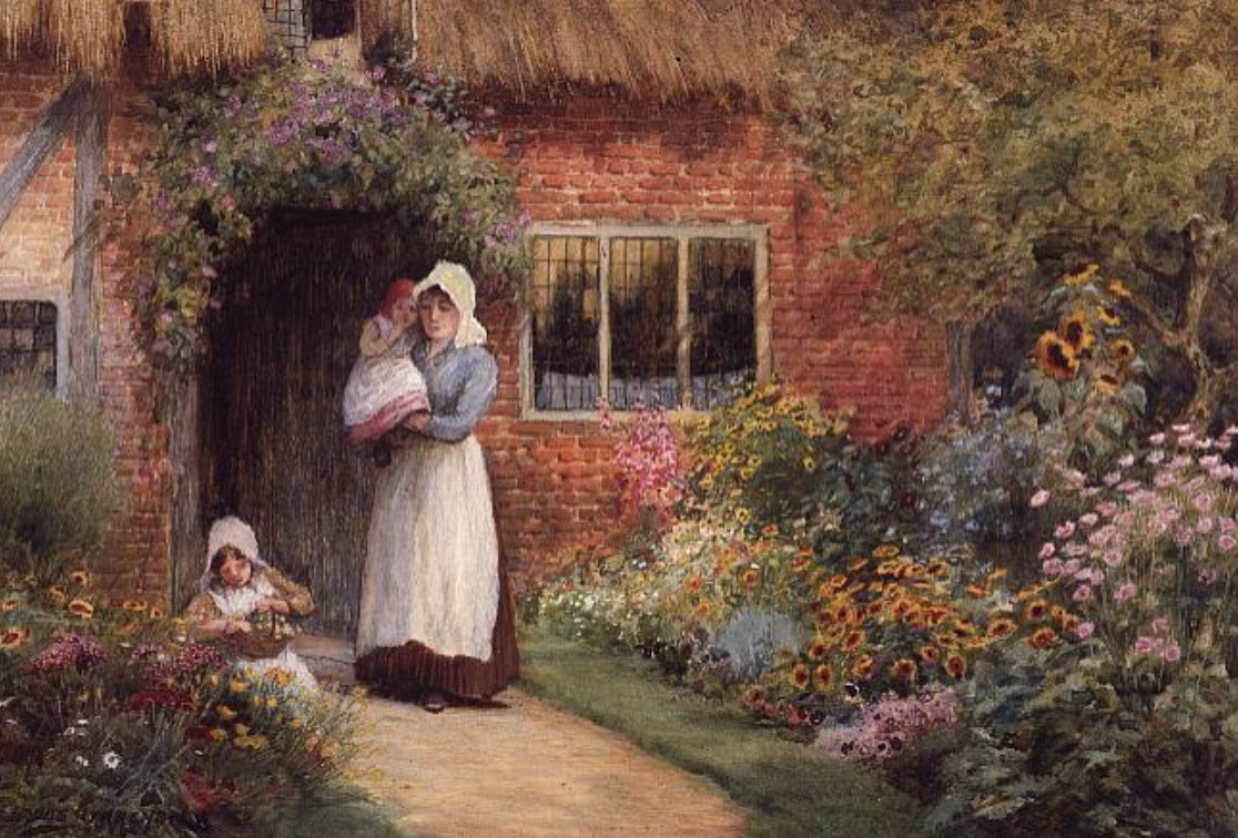 "Mother and Children Outside a Cottage" by Arthur Claude Strachan